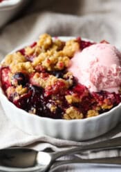 Mixed Berry Crisp topped with ice cream